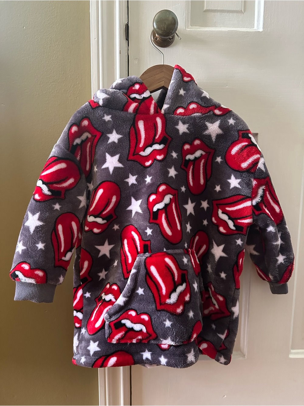 Rolling Stones Hooded Plush Pullover in Gray with Red Tongue Print